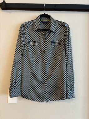 Jones New York Navy Yellow Geometric Button-Up Long Sleeve Blouse Shirt Large